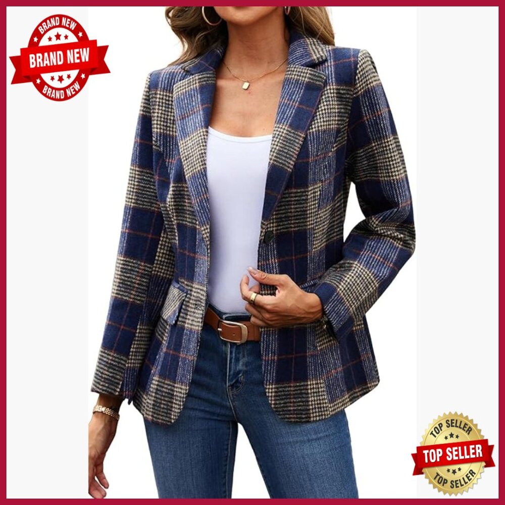 Women's Lapel Collar Plaid 2 Button Boyfriend Blazer Polyester Work Office